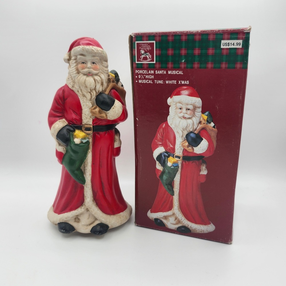 Family Treasures Porcelain Musical Santa 9.5" Figurine w/‎ Box White Christmas
